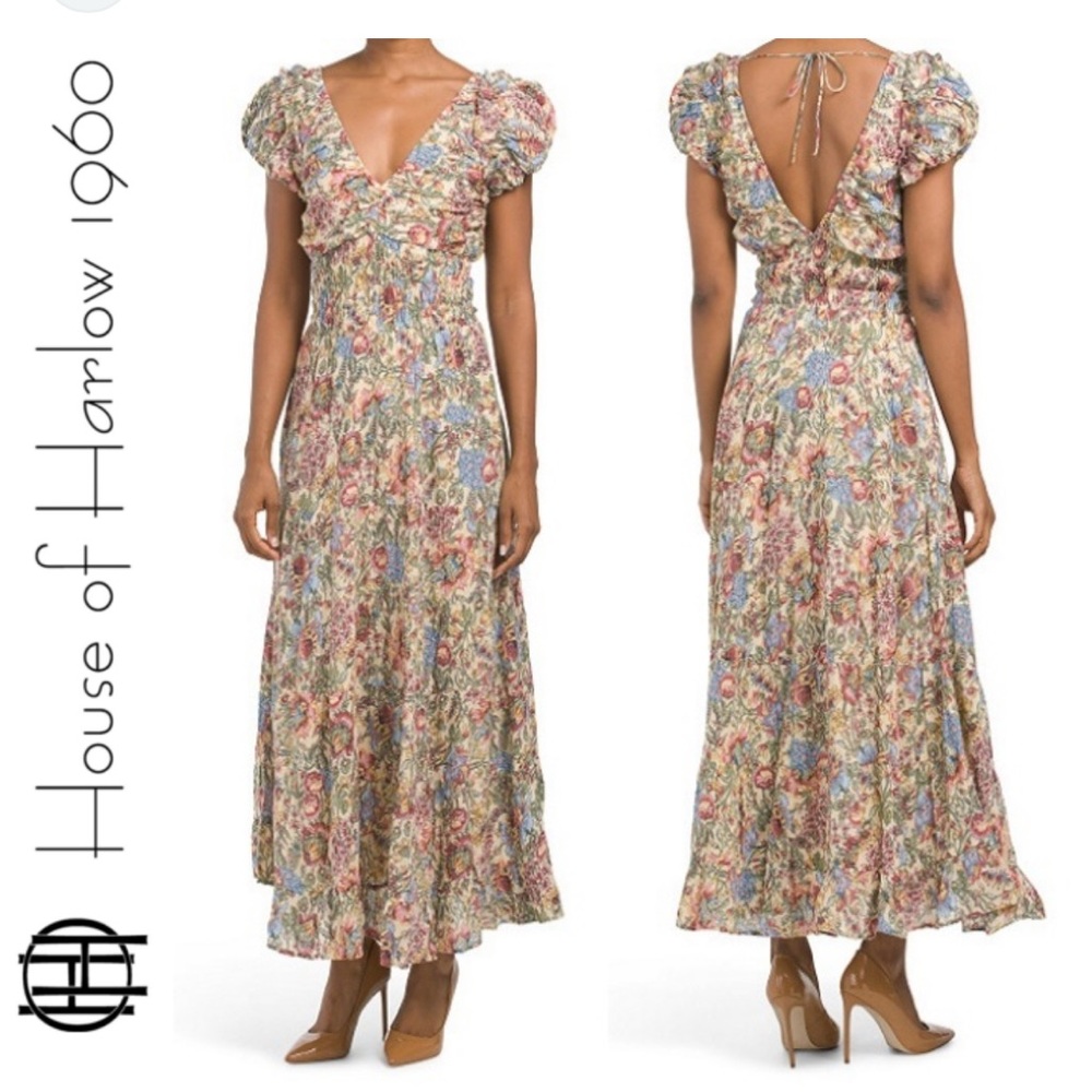 HOUSE OF HARLOW 1960 Puff Sleeve Deep V-back 100% Cotton  Maxi Dress XS